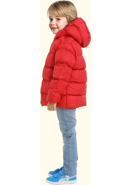 Erkek Çocuk Kırmızı Içi Polarlı Kapüşonlu Su Geçirmez Rüzgara Dayanıklı Cepli Şişme Kışlık Mont