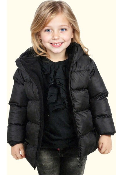 Kız Çocuk Siyah Içi Polarlı Kürklü Kapüşonlu Su Geçirmez Rüzgara Dayanıklı Şişme Kışlık Mont Kaban