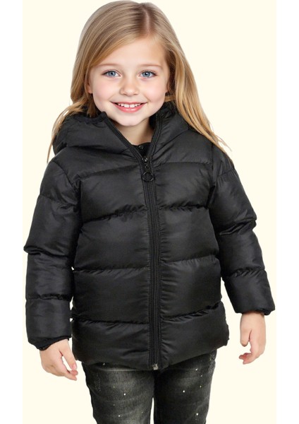 Kız Çocuk Siyah Içi Polarlı Kürklü Kapüşonlu Su Geçirmez Rüzgara Dayanıklı Şişme Kışlık Mont Kaban