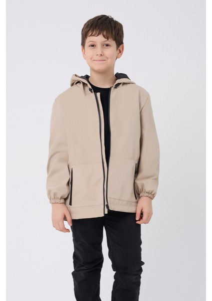 Spor Erkek Çocuk Mürdüm Içi Astarlı Su ve Rüzgar Geçirmez Kapüşonlu Çift Fermuarlı Cepli Yağmurluk