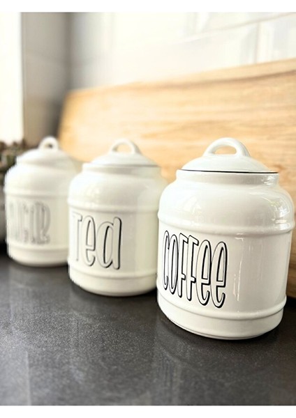 3'lü Seramik Sugar Tea Coffee Kavanoz Seti, Tezgah Üstü Saklama Kavanozu 1.4l-17 cm