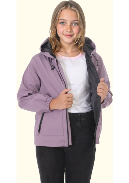 Spor Kız Çocuk Içi Astarlı Su ve Rüzgar Geçirmez Kapüşonlu Çift Fermuarlı Cepli Yağmurluk