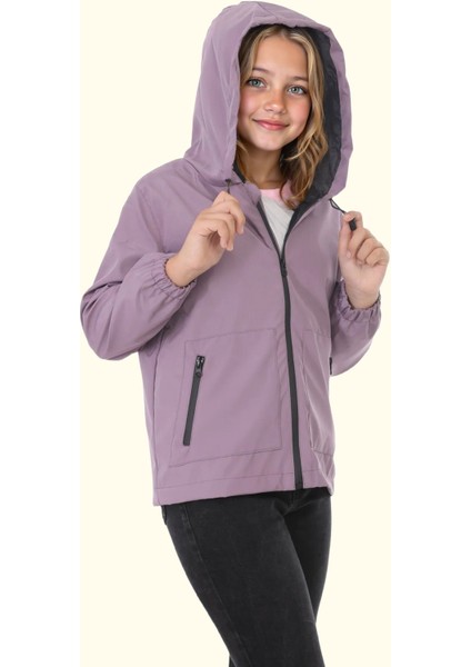 Spor Kız Çocuk Içi Astarlı Su ve Rüzgar Geçirmez Kapüşonlu Çift Fermuarlı Cepli Yağmurluk