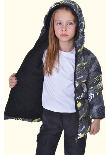 Kız Çocuk Dijital Desen Polar Su ve Rüzgar Geçirmez Kapüşonlu Şişme Kışlık Mont indirimleri