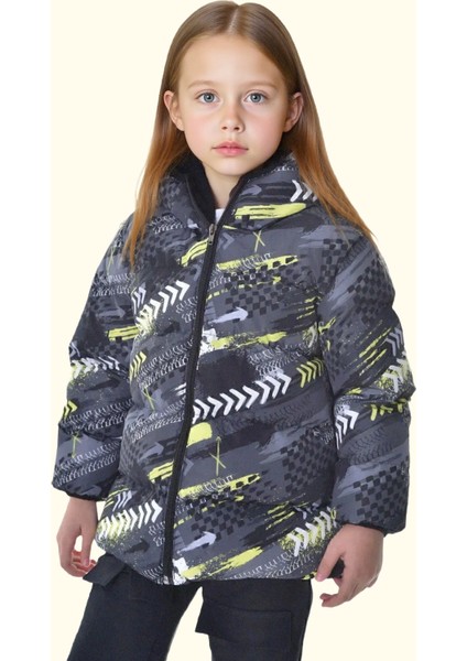 Kız Çocuk Dijital Desen Polar Su ve Rüzgar Geçirmez Kapüşonlu Şişme Kışlık Mont