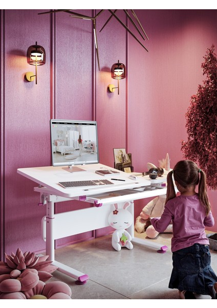 Vega Basic Çekmeceli Çocuk Masası, Yükselebilir Eğim Verilebilir Çalışma Masası - 130x70 Cm, Beyaz/Fuşya