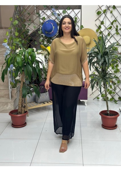NC24841 Italyan Pul Payetli Ipek Bluz Camel