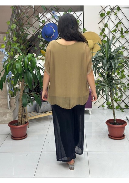 NC24841 Italyan Pul Payetli Ipek Bluz Camel fiyatları