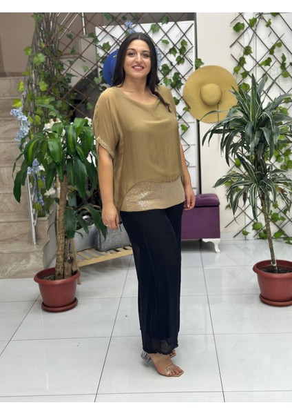 NC24841 Italyan Pul Payetli Ipek Bluz Camel fırsatları