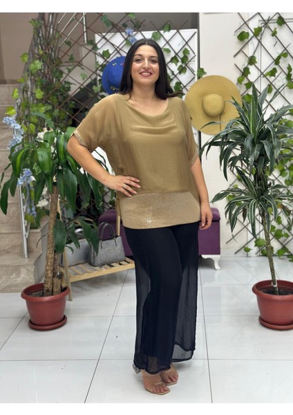 NC24841 Italyan Pul Payetli Ipek Bluz Camel indirimleri