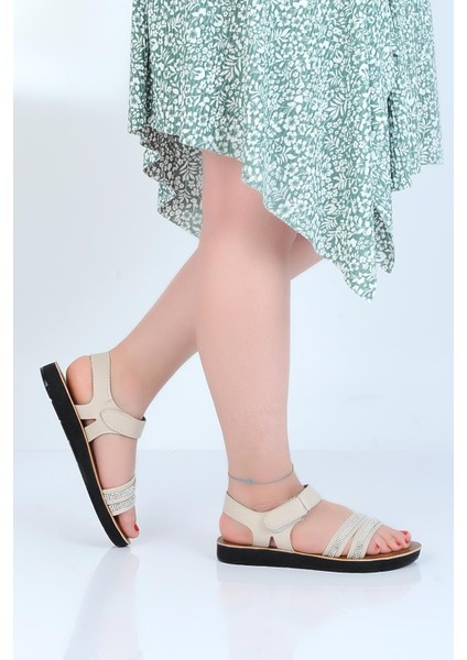 61003 Krem Taş Detaylı Günlük Kadın Sandalet fiyatları