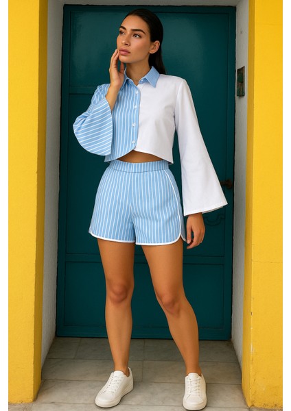 Kadın Çizgili Asimetrik Kesim Ispanyol Kol Önden Düğmeli Spor Şık Tasarım Şort Gömlek Takım