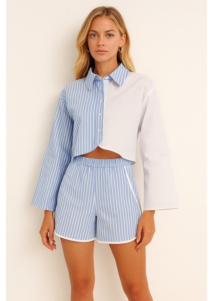 Kadın Çizgili Asimetrik Kesim Ispanyol Kol Önden Düğmeli Spor Şık Tasarım Şort Gömlek Takım fiyatları