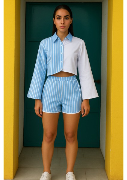 Kadın Çizgili Asimetrik Kesim Ispanyol Kol Önden Düğmeli Spor Şık Tasarım Şort Gömlek Takım modelleri