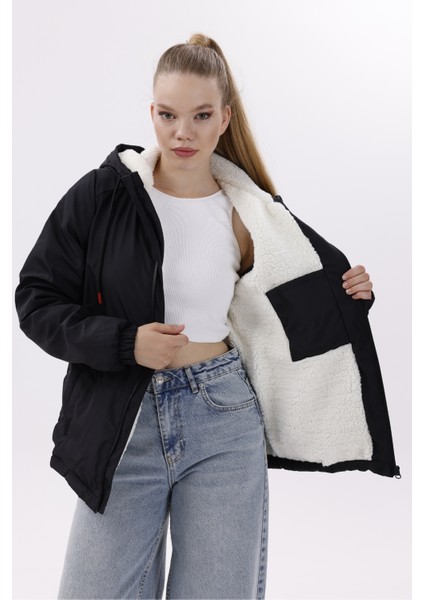 Kadın Siyah Kürklü Su ve Rüzgar Geçirmez Kapüşonlu Kışlık Mont & Kaban & Parka FMM-100-K