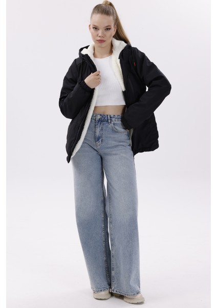 Kadın Siyah Kürklü Su ve Rüzgar Geçirmez Kapüşonlu Kışlık Mont & Kaban & Parka FMM-100-K