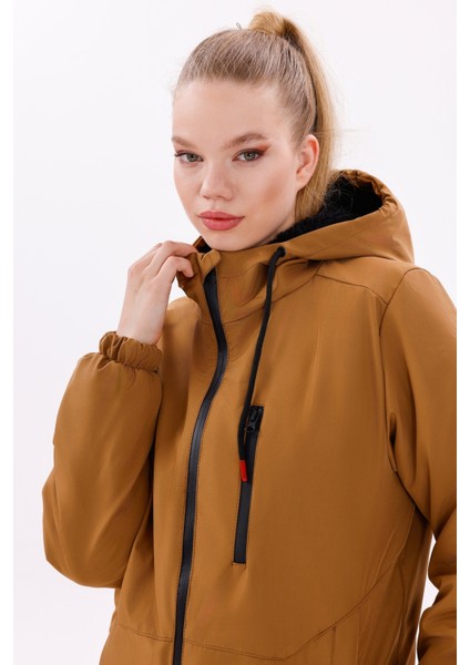 Kadın Taba Kürklü Su ve Rüzgar Geçirmez Kapüşonlu Kışlık Mont & Kaban & Parka FMM-100-K