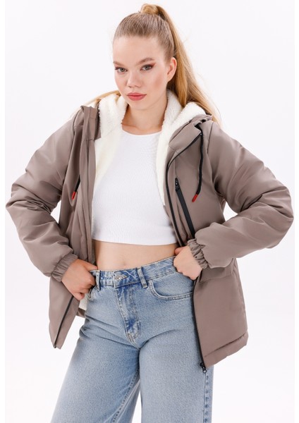 Kadın Vizon Kürklü Su ve Rüzgar Geçirmez Kapüşonlu Kışlık Mont & Kaban & Parka FMM-100-K