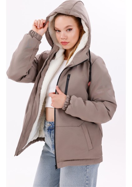 Kadın Vizon Kürklü Su ve Rüzgar Geçirmez Kapüşonlu Kışlık Mont & Kaban & Parka FMM-100-K