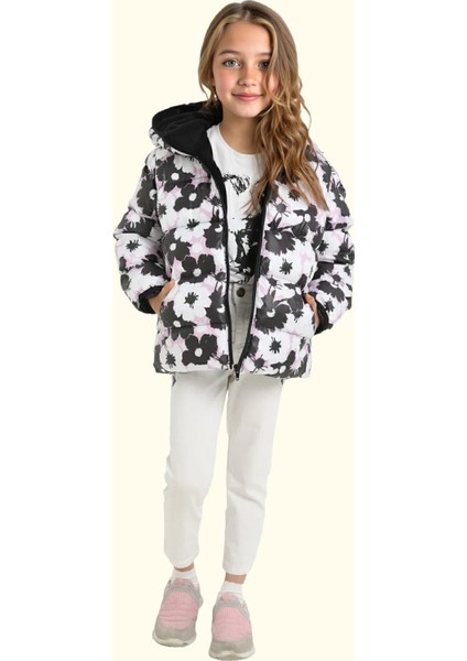 Spor Kız Spor Çocuk Pusula Desen Polar Su ve Rüzgar Geçirmez Kapüşonlu Cepli Mont