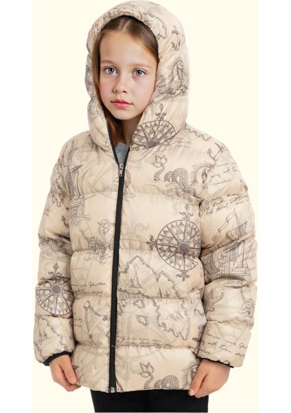 Kız Çocuk Pusula Desen Polar Su ve Rüzgar Geçirmez Kapüşonlu Şişme Kışlık Mont
