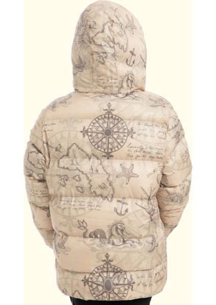 Kız Çocuk Pusula Desen Polar Su ve Rüzgar Geçirmez Kapüşonlu Şişme Kışlık Mont