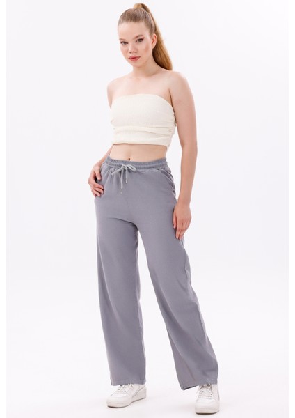 Kadın Yüksek Bel Gabardin-Keten Dokulu Pantolon – Nefes Alabilir Kumaş, 4 Mevsim