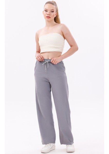 Kadın Yüksek Bel Gabardin-Keten Dokulu Pantolon – Nefes Alabilir Kumaş, 4 Mevsim