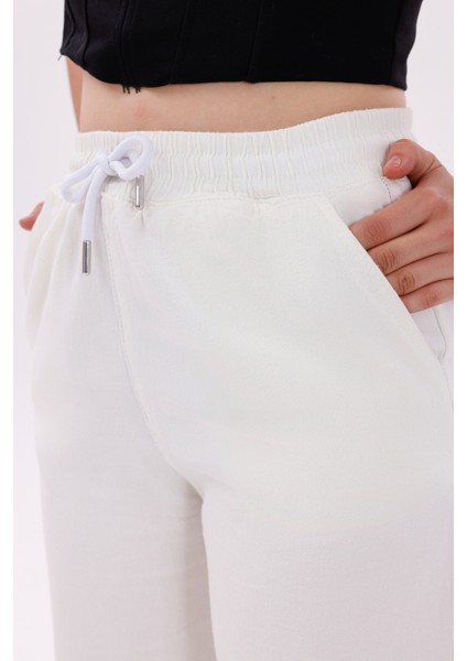 Kadın Yüksek Bel Gabardin-Keten Dokulu Pantolon – Nefes Alabilir Kumaş, 4 Mevsim