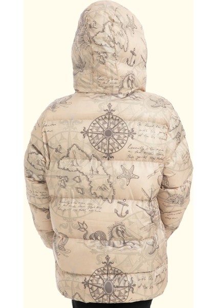 Spor Kız Spor Çocuk Pusula Desen Polar Su ve Rüzgar Geçirmez Kapüşonlu Cepli Mont