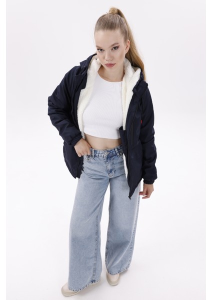 Kadın Lacivert Kürklü Su ve Rüzgar Geçirmez Kapüşonlu Kışlık Mont & Kaban & Parka FMM-100-K