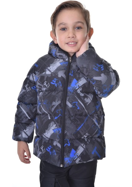Spor Erkek Çocuk Dijital Desen Polar Su ve Rüzgar Geçirmez Kapüşonlu Mont