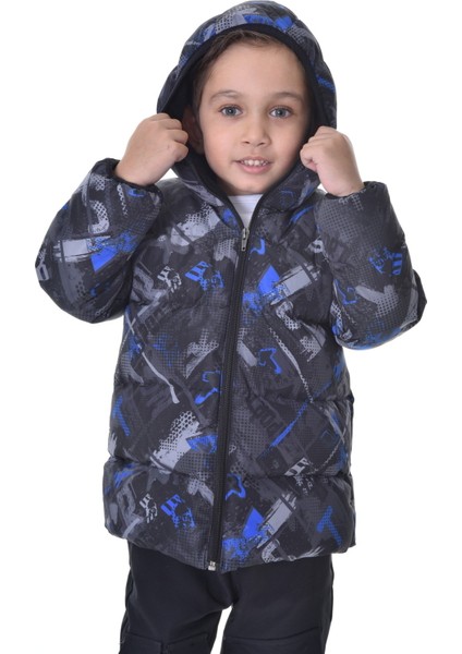 Spor Erkek Çocuk Dijital Desen Polar Su ve Rüzgar Geçirmez Kapüşonlu Mont