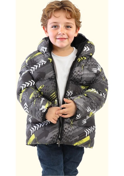 Spor Erkek Çocuk Dijital Desen Polar Su ve Rüzgar Geçirmez Kapüşonlu Mont
