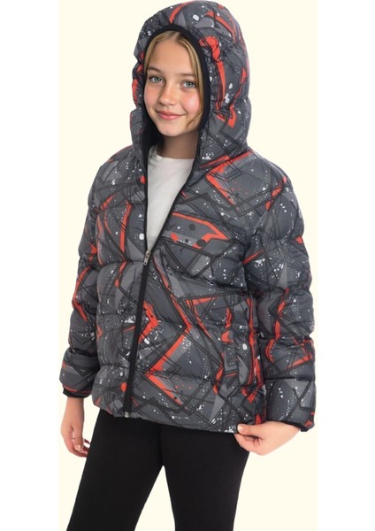 Spor Kız Spor Çocuk Pusula Desen Polar Su ve Rüzgar Geçirmez Kapüşonlu Cepli Mont