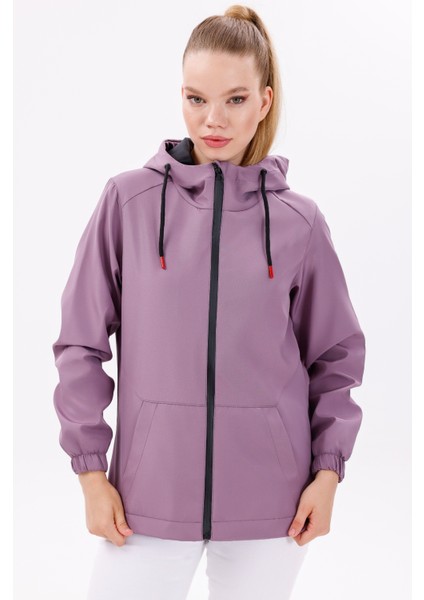 Kadın Mürdüm Içi Astarlı Su Geçirmez ve Rüzgara Dayanıklı Kapüşonlu Iç Cepli Yağmurluk - Rüzgarlık