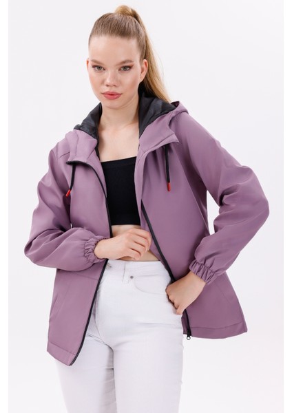 Kadın Mürdüm Içi Astarlı Su Geçirmez ve Rüzgara Dayanıklı Kapüşonlu Iç Cepli Yağmurluk - Rüzgarlık