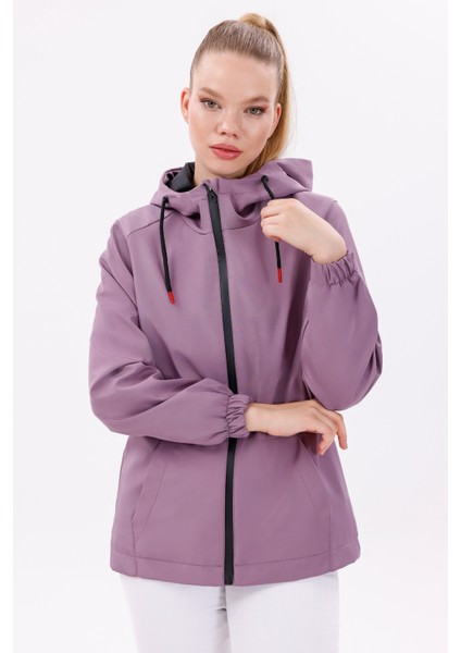 Kadın Mürdüm Içi Astarlı Su Geçirmez ve Rüzgara Dayanıklı Kapüşonlu Iç Cepli Yağmurluk - Rüzgarlık