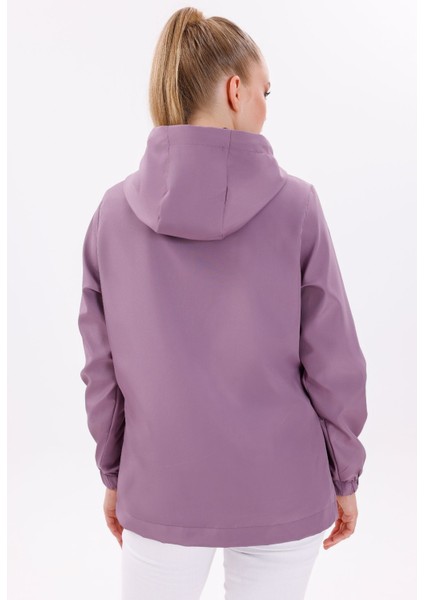 Kadın Mürdüm Içi Astarlı Su Geçirmez ve Rüzgara Dayanıklı Kapüşonlu Iç Cepli Yağmurluk - Rüzgarlık