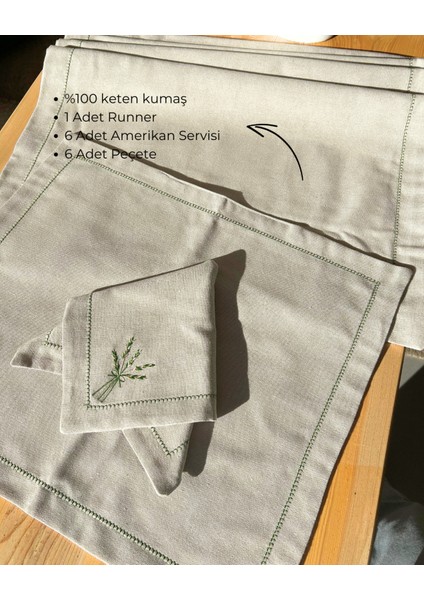 %100 Keten Runner, Amerikan Servis & Peçete Seti (6'lı Set + 1 Adet Runner)