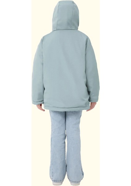 Kız Çocuk Mint Yeşil Kürklü Su ve Rüzgar Geçirmez Kapüşonlu 3 Kışlık Mont & Kaban & Parka FMPÇ-110-K