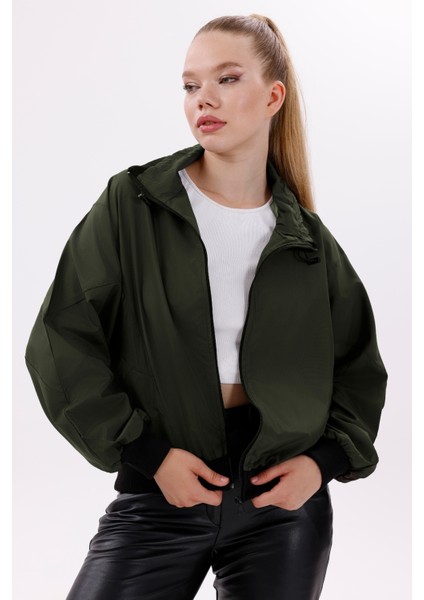 Kadın Haki Dik Yaka Su ve Rüzgar Geçirmez Oversize Crop Mevsimlik Yağmurluk Rüzgarlık Y30 indirimleri