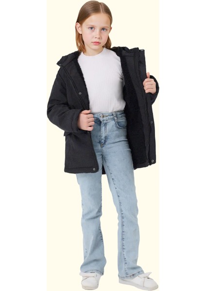 Kız Çocuk Siyah Kürklü Su ve Rüzgar Geçirmez Kapüşonlu 3 Kışlık Mont & Kaban & Parka FMPÇ-110-K