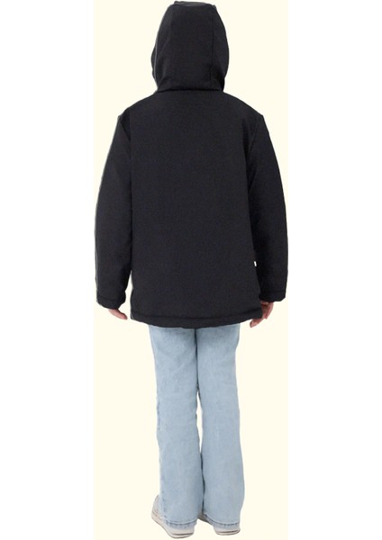 Kız Çocuk Siyah Kürklü Su ve Rüzgar Geçirmez Kapüşonlu 3 Kışlık Mont & Kaban & Parka FMPÇ-110-K