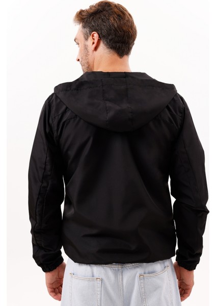 Erkek Siyah Kapüşonlu Su ve Rüzgar Geçirmez Astarlı Oversize Yağmurluk Y35