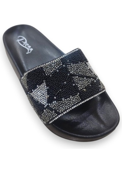 Siyah Füme Taşlı Şık Kadın Terlik