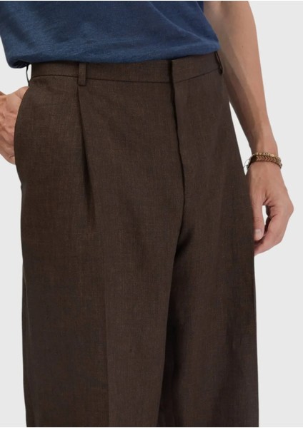 Kahverengi Düz Kumaş Regular Fit Casual %100 Keten Pantolon modelleri