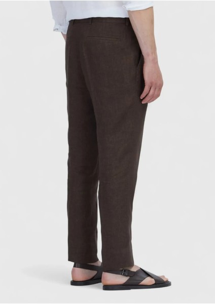 Kahverengi Düz Kumaş Regular Fit Casual %100 Keten Pantolon indirimleri