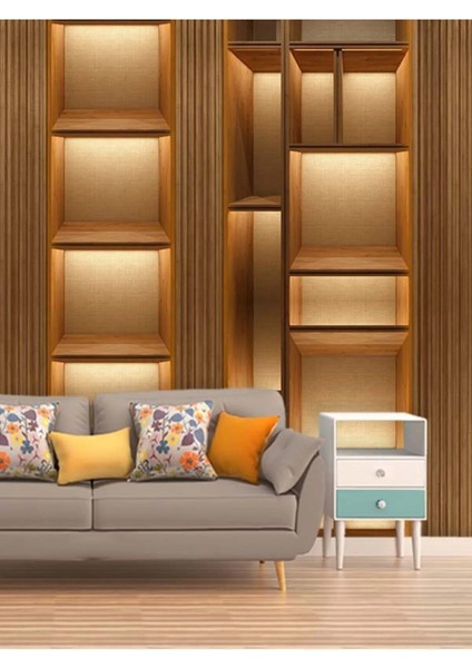 3 Boyutlu Ahşap Kutucuklar Desenli Isı ve Ses Yalıtımlı Sağlıklı Tekstil Duvar Kağıdı