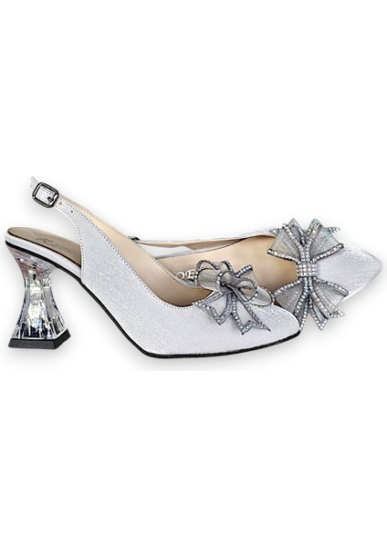 6371 Gri Tül Fiyonk Detaylı Kadın Topuklu Ayakkabı